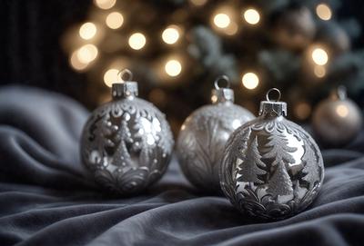 The primary subject of the image is a pair of silver Christmas ornaments, which are placed on a table. The setting is a room with a Christmas tree in the background, creating a festive atmosphere. The visual style is a photo, capturing the details of the ornaments and the tree. The colors and mood of the image are predominantly silver and white, giving it a clean and elegant appearance.
